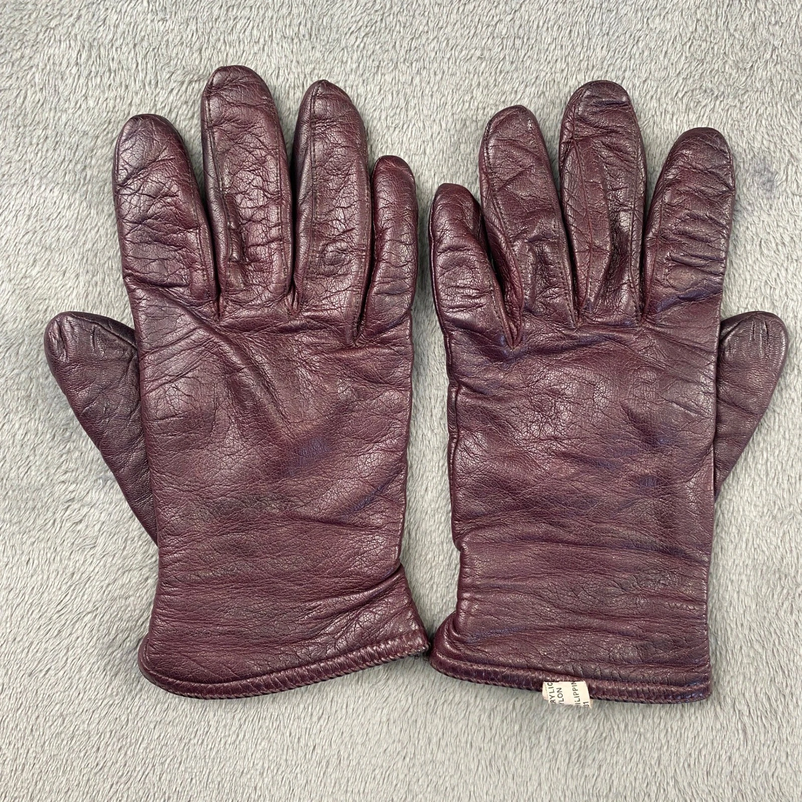 Vintage Burgundy Leather Lined Gloves Size 7.5 Wine Red WPL 8931 Made in PH