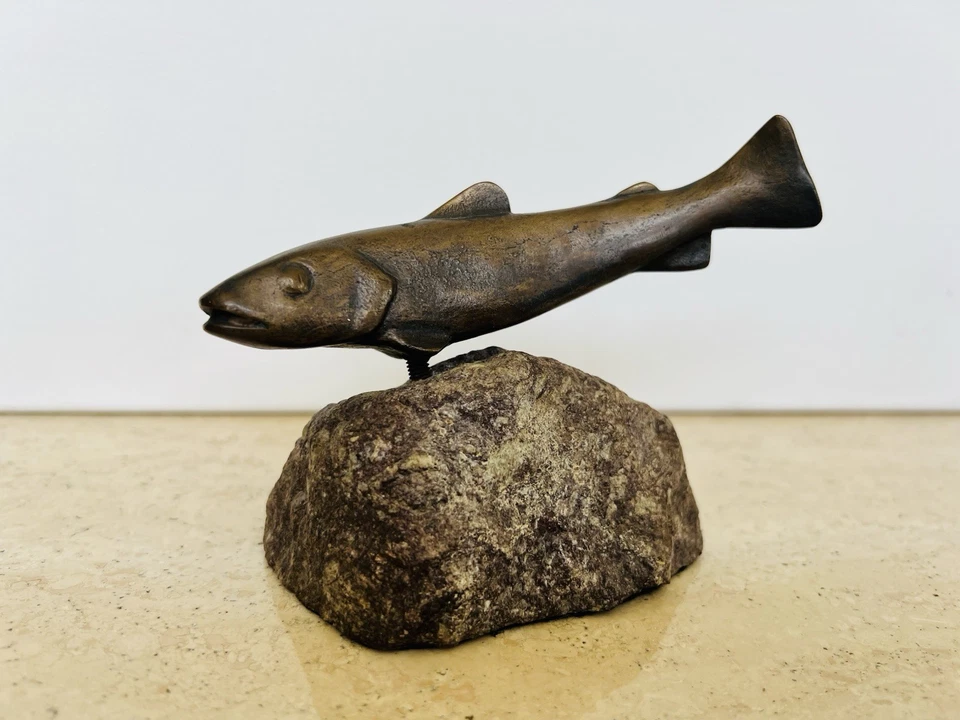 Escultura de bronce vintage Art Deco Charles Reussner trucha pez Suiza Foto 2 de 4