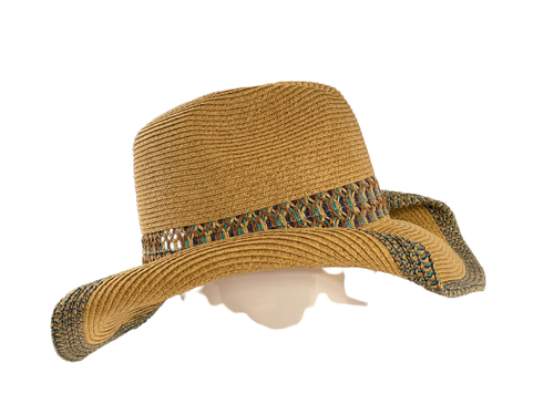 Unisex Wide Brim Cowboy Hat Beaded String - Foto 2 di 10