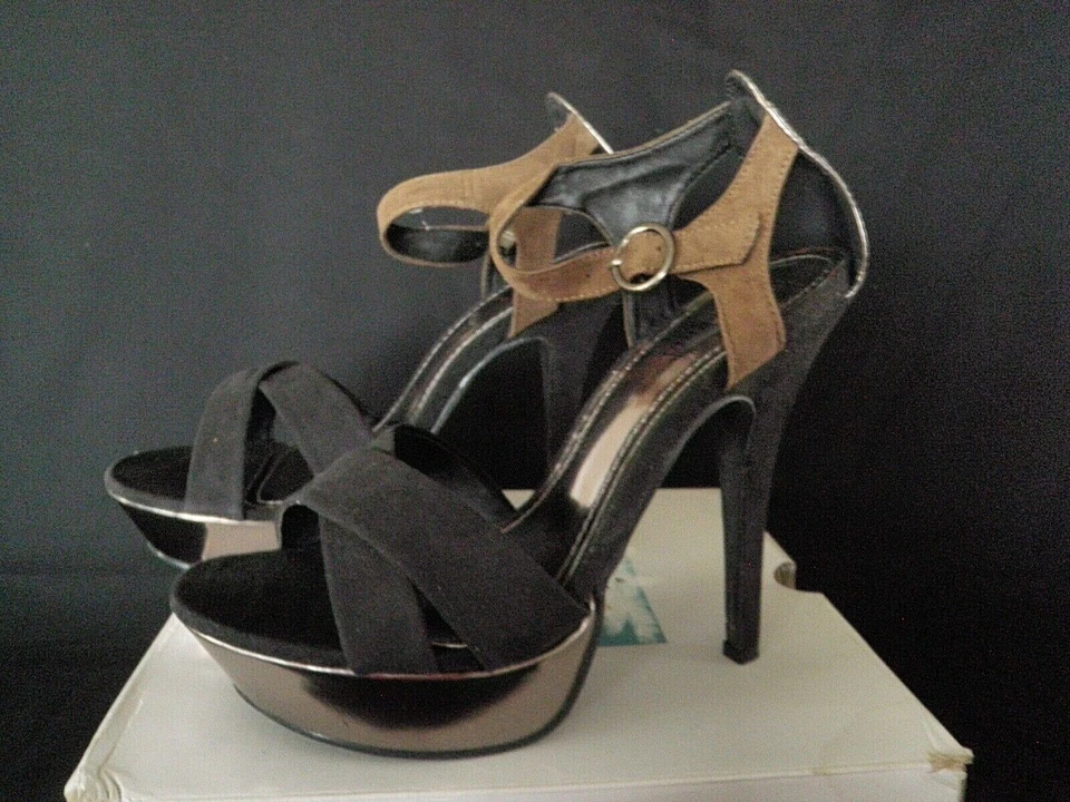 NEW BLACK TAN SUEDE WOMENS SIZE 10 HIGH HEEL SANDAL PARTY WEDDING DRESS SHOES - Image 2 of 4