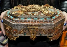 Tibet bronze gold Silver filigree inlay Turquoise coral beast Treasure box boxes