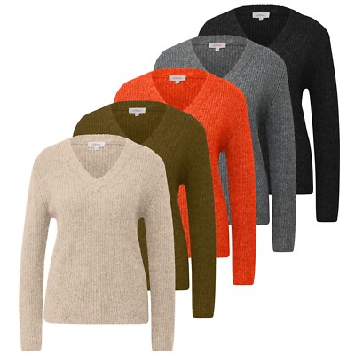 s.Oliver Damen Strickpullover V-Ausschnitt langarm Ripp-Strick Baumwoll-Woll-Mix