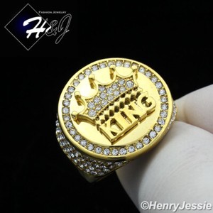 Authentic MEN ICY Cubic Zirconia Crown King Gold Plated Round Ring*GR134