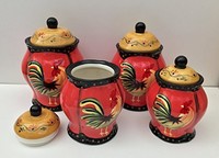 Tuscany Modern Rooster, Hand Painted Canisters, Set Of 4, 85001 By Ack, New, Fre on sale Tuscany Modern Rooster, Hand Painted Canisters, Set Of 4, 85001 By Ack, New, Fre on sale