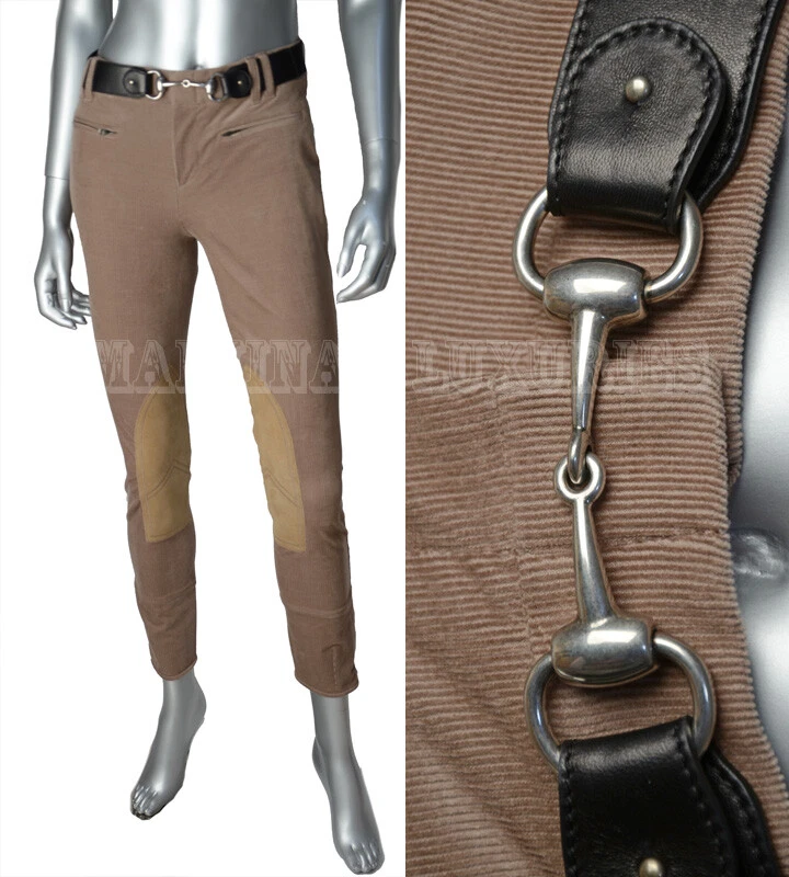 PANTALON GUCCI ÉQUESTRE MARRON COTON VELOURS CÔTELÉ DAIM HORSEBIT CEINTURE IT42 US 6