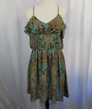 Doe & Rae Double Ruffle Paisley Print Dress Women's Size Large Green & Brown