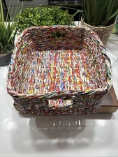 Colorful Recycled ORIENTAL CANDY WRAPPER WOVEN BASKET (JAPANESE/CHINESE) RARE