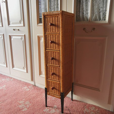 Vintage Wicker Tall Tallboy Chest of Drawers Five Storage Cabinet Metal Legs