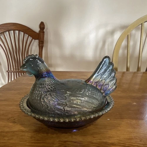 VTG RARE Indiana Glass Hen Bicentennial Blue 7" Nest Covered Dish Carnival Glass