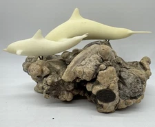 Vintage John Perry Dolphin with Calf Burlwood Art Sculpture Large