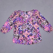 Talbots Blouse Top Womens XS Coral Reef Paisley Tie Neck Lightweight Rayon