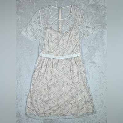 Needle & Thread Geo Tulle Beaded Floral Mesh Short Sleeve Formal Cream Dress 8