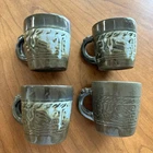 Vtg Frankoma Pottery 6 oz  Mug Mayan-Aztec Design 7C, Woodland Moss Set of 4