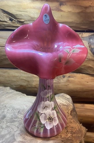FENTON - K. PICKENPAUGH (HP) CRANBERRY RIB OPTIC JACK IN THE PULPIT VASE