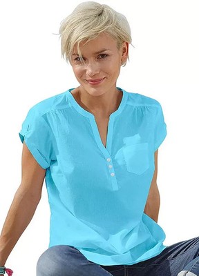 CREATION L V-Neck Cotton Blouse in Aqua  Plus Size UK 26  (fj103-12)
