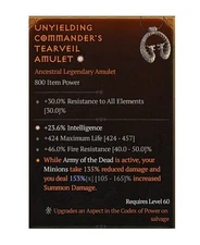 Diablo 4 S10 Unyielding Commender's Tearveil Amulet 1GA Legendary Equipment Gear