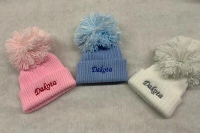 Personalised Unisex Baby Boy Girl Hat Knitted Pom Pom Baby Shower Gift Name Year