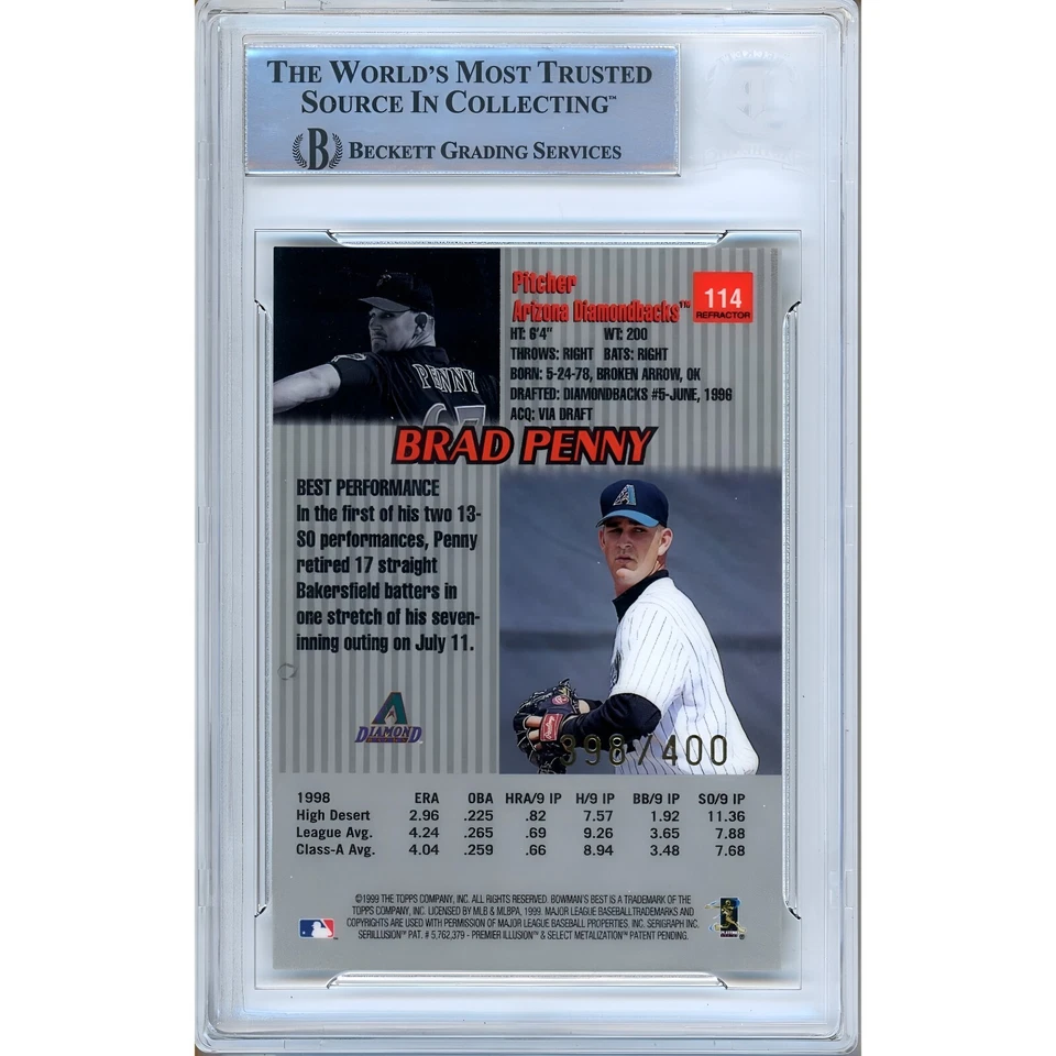 Brad Penny Firmado 1999 Bowman’s Best Refractor #114 Arizona Dbacks Losa BAS Automático Foto 2 de 4