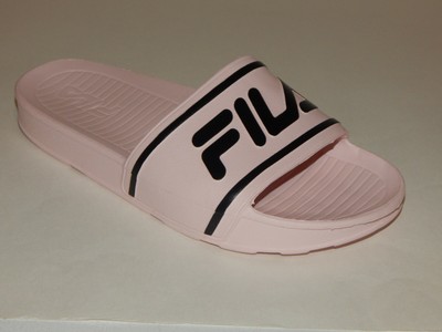 pink and black fila slides