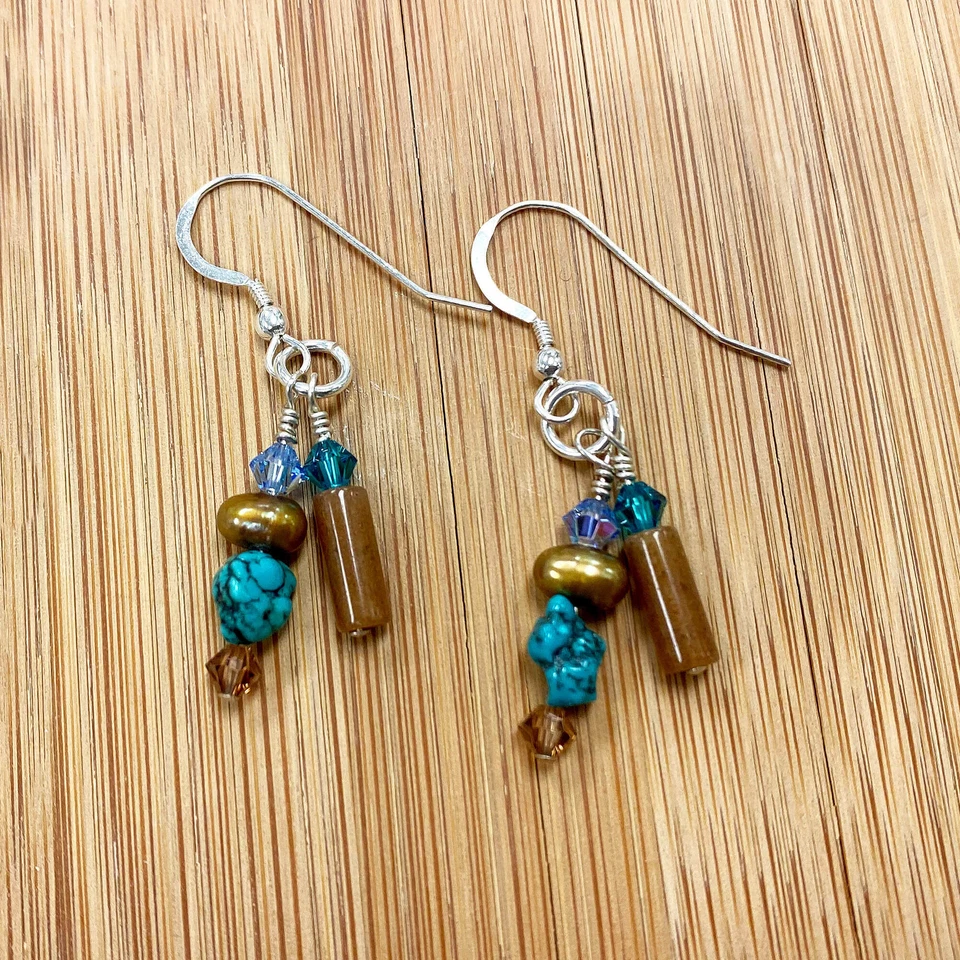 Pearl, Turquoise & Austrian Crystals 925 Sterling Silver Drop Earrings - Image 2 of 3