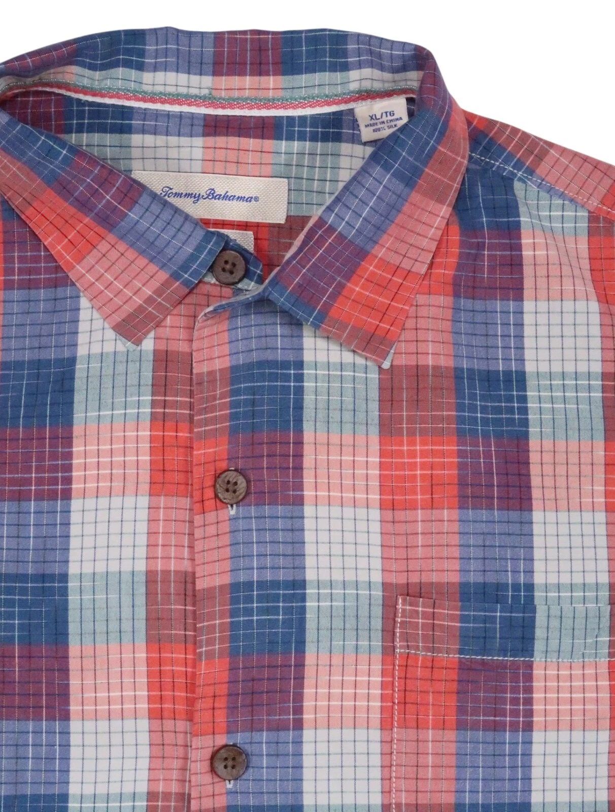 TOMMY BAHAMA CHECK PLAID XL SILK CAMP SHIRT ORIGINAL FIT STRIPE POCKET T314729