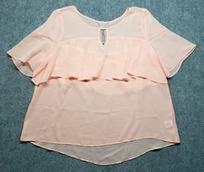 Belle + Sky Blouse Womens XL Peach Orange Flutter Keyhole Neck Sheer Ruffles New