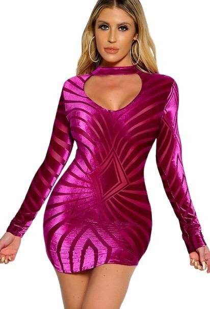 K Too Womens Bodycon Dress Magenta Purple Velvet Mesh Mini
