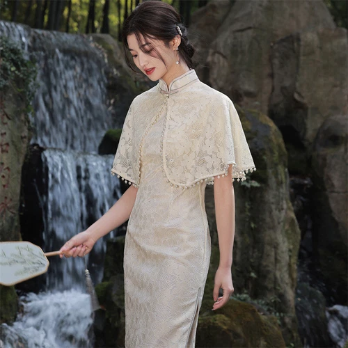 Lady Midi Evening Party Prom Red Lace Cheongsam Retro Cape Shoulder Qipao Dress - Picture 3 of 17