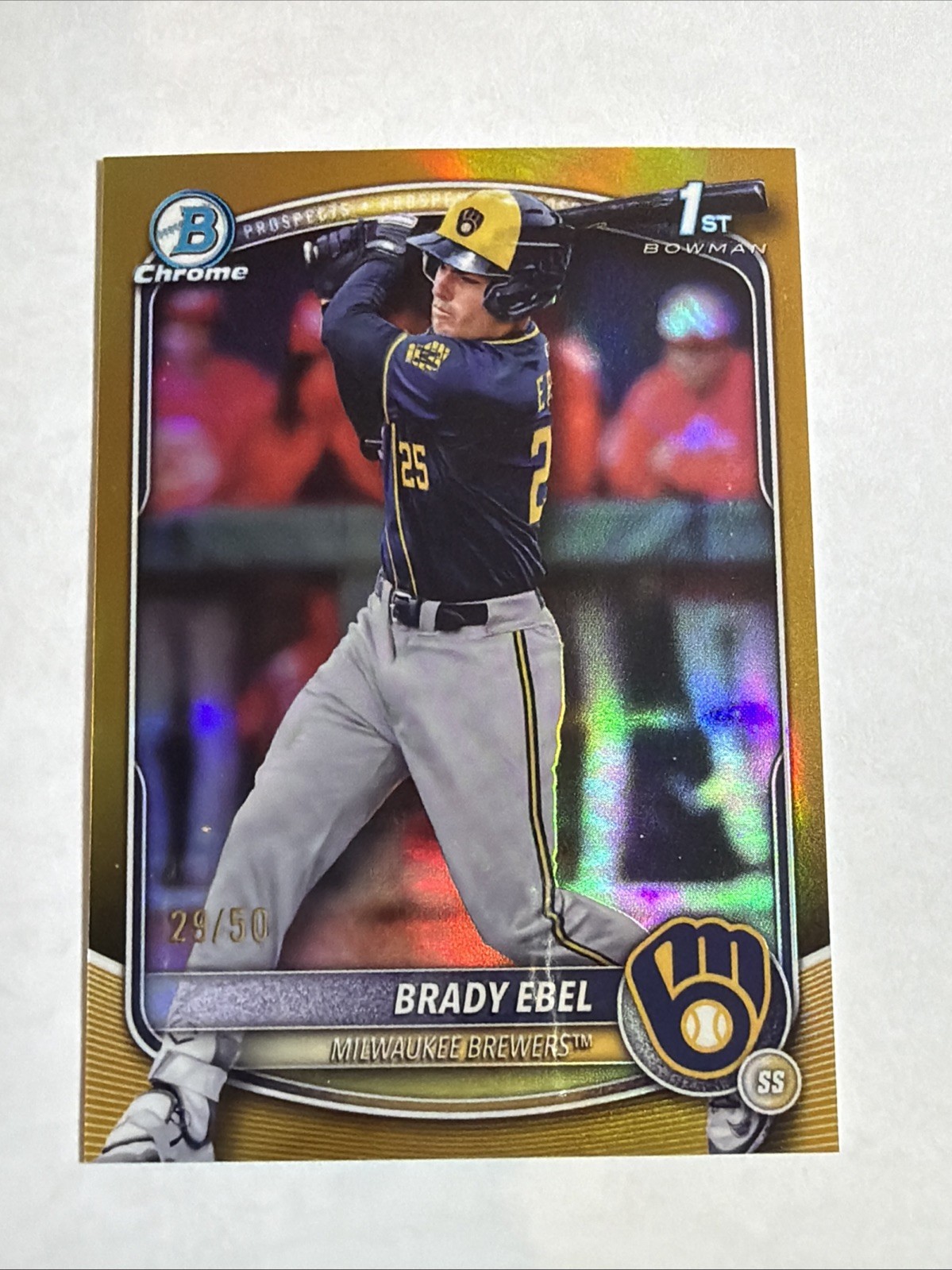 2025 1st Bowman Draft Chrome True Gold Refractor Brady Ebel 29/50 RC SP Brewers