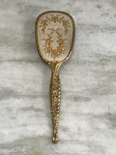 Vintage Gold Tone Ormolu Vanity Hair Brush Embossed Flower Pattern Heavy Brass