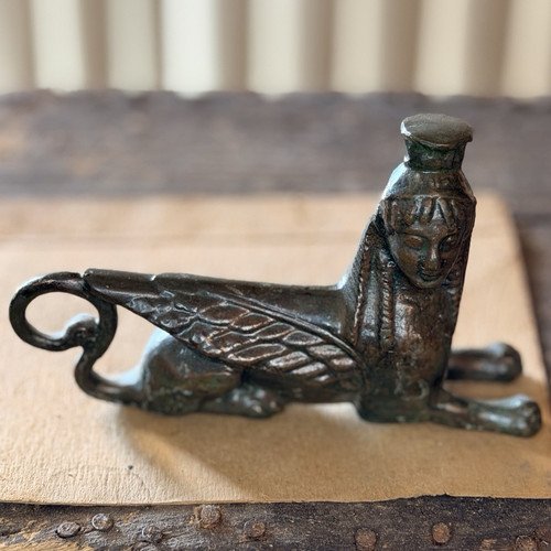 Bronze Egyptian Winged Sphinx Figurine - Bronze piece, Patina Green 