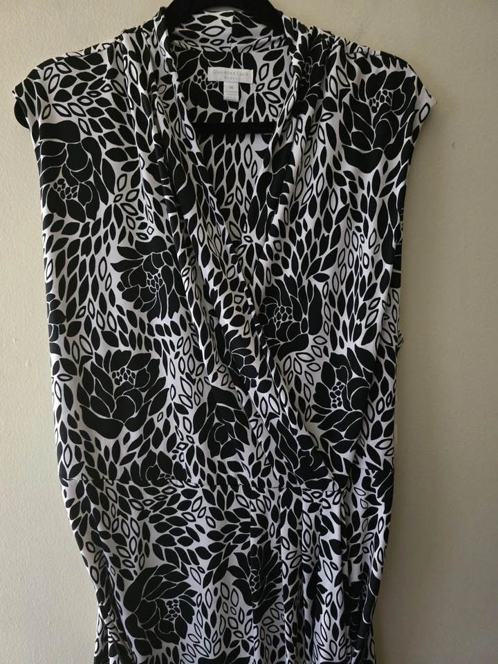 Vestido floral Charter Club para mujer negro/blanco con cuello en V y cinturón clásico retro nuevo con etiquetas 3XL Foto 4 de 4