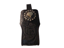 Vintage Hand Tooled Black Leather Western Cell Phone Belt Case With Clip