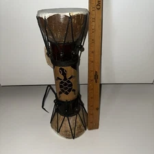 Tribal Djembe Drum Coconut Bamboo with Carved Sea Turtle Design 13” Tall Two End