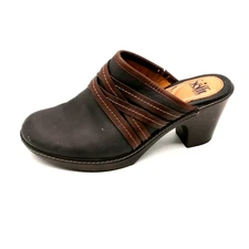 Sofft Womens Mule Heels Navy Leather Brown Straps Slip On Round Toe Block Heel 8