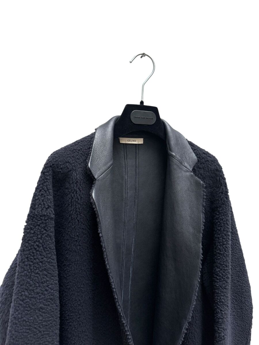 Celine by Phoebe Philo Navy Shearling Leather Crombie Coat Celine by Phoebe Philo Navy Shearling Leather Crombie Coat
