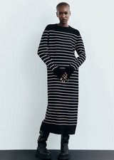 ZARA BLACK & WHITE OVERSIZED LONG KNIT STRIPED DRESS SIZE L SIZE UK 14 RRP £36
