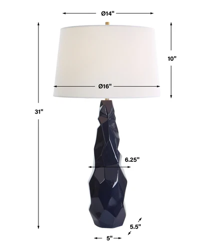 Abstract Faceted Gloss Navy Blue Ceramic Table Lamp 31 in Geometric Crinkle Luxe - Picture 3 of 9