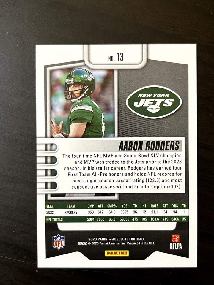 Aaron Rodgers 2023 Absolute Red Squares /499 13 New York Jets MVP SB