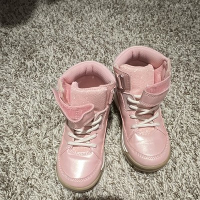 Girls Pink Ankle Sneakers Boots Hook & Loop Lace Up Rubber Sole