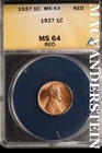 1937 Lincoln Wheat Cent - ANACS MS 64 Red - Scarce  No Reserve  #SLK669