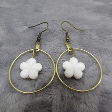 White Flower Bead Dangle Hoop Earrings Gold Tone Charm Jewelry