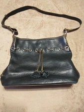 Cole Haan Villager Black Pebbled Leather Hobo Purse Bag with Tassels Boho Style 