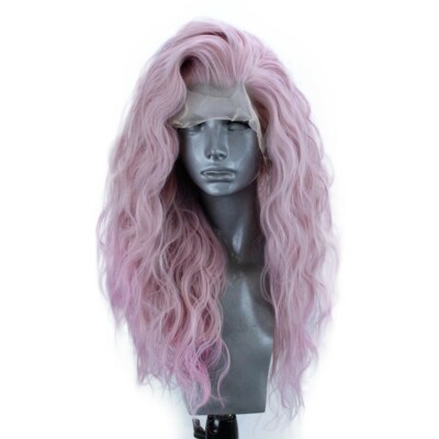 Pink Purple Lace Front Wig for Women Long Body Wave Fiber  display picture 3
