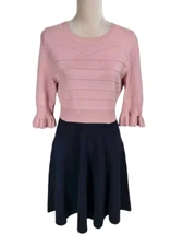 TED BACKER Women Fit & Flare Dress Size 4 Black Pink Knit 3/4 Bell Sleeve 105A