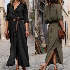 Women Maxi Down Sleeve Shirt Long Button Dress Plus Casual Size Loose Long Party