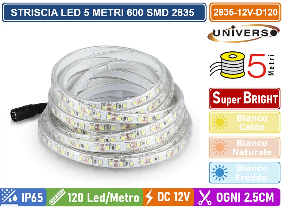 STRIP STRISCIA LED MONOCOLORE 5 METRI SMD 2835 120 LED METRO IP65 - DC 12V - Immagine 3 di 3