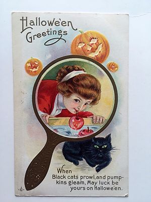 1913 Halloween Greetings Postcard Girl Bobbing for Apples - Mirror and Black Cat