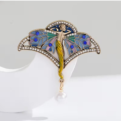 BROOCH-Art Deco Style Cloisonné Fairy Brooch with Rhinestones