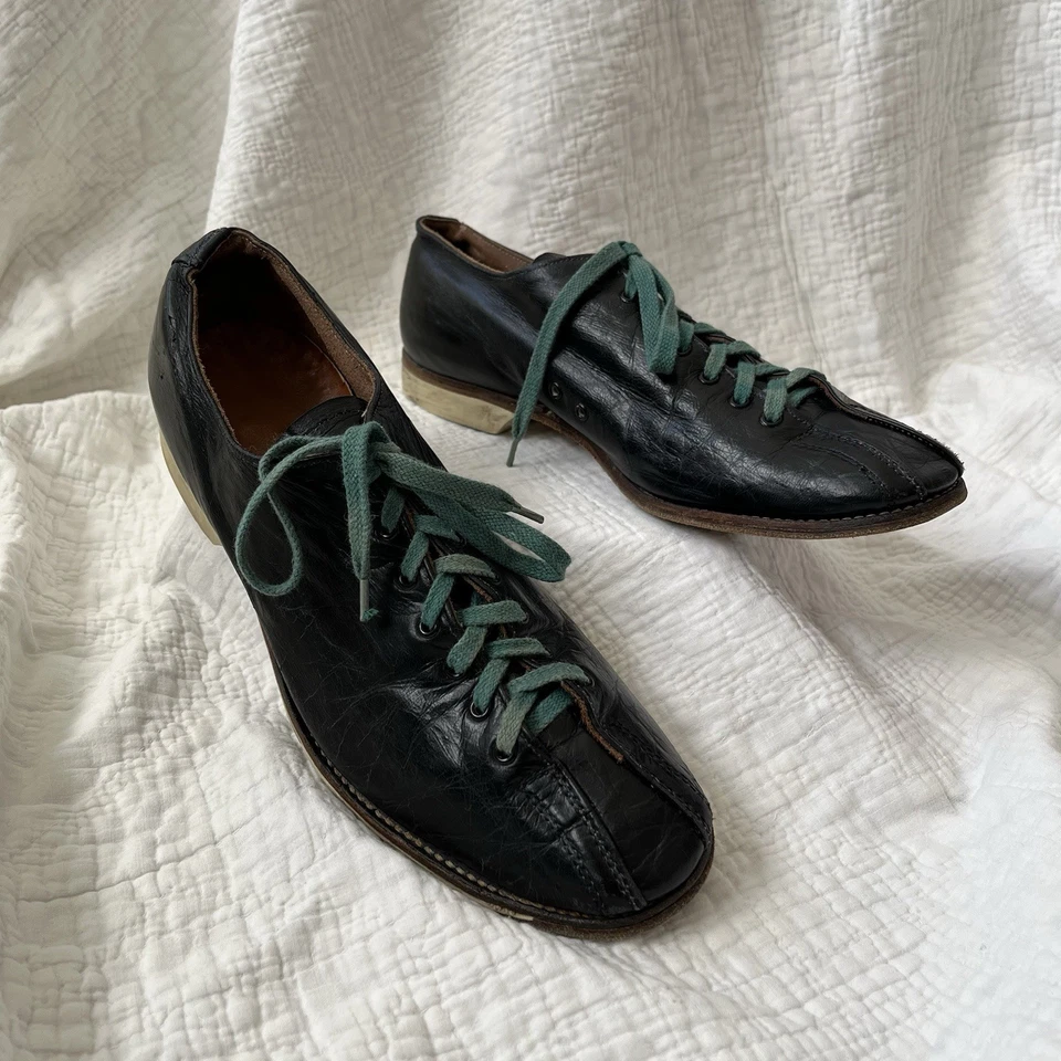 Antiguos zapatos de ciclismo de cuero negro de la década de 1930 - Raro par hecho a mano de antes de la guerra talla 9 Foto 3 de 4